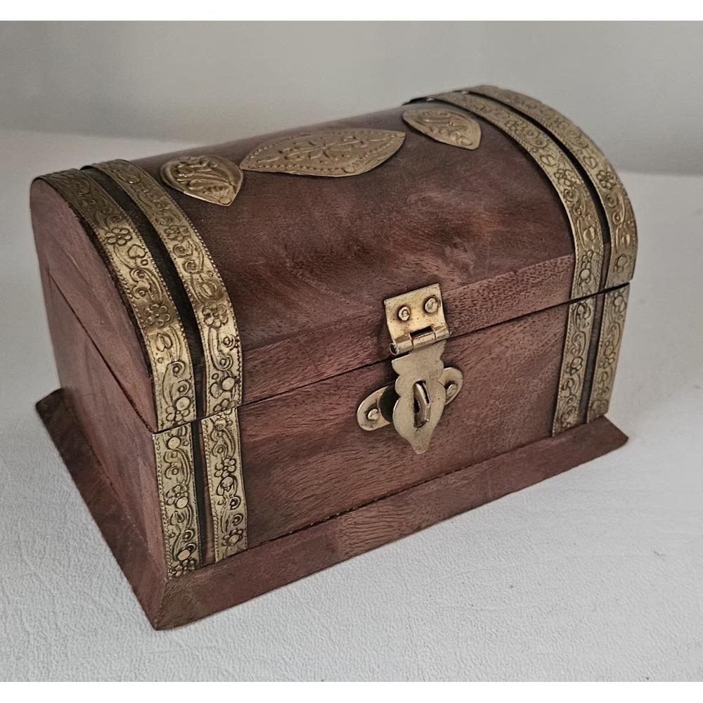 Vintage Wooden Domed Chest Trinket Box Brass Inlay 5"